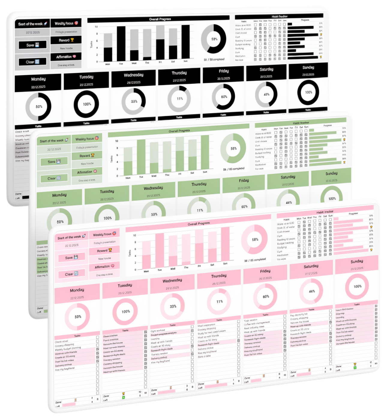 Weekly Planner in Black, Green and Pink themes